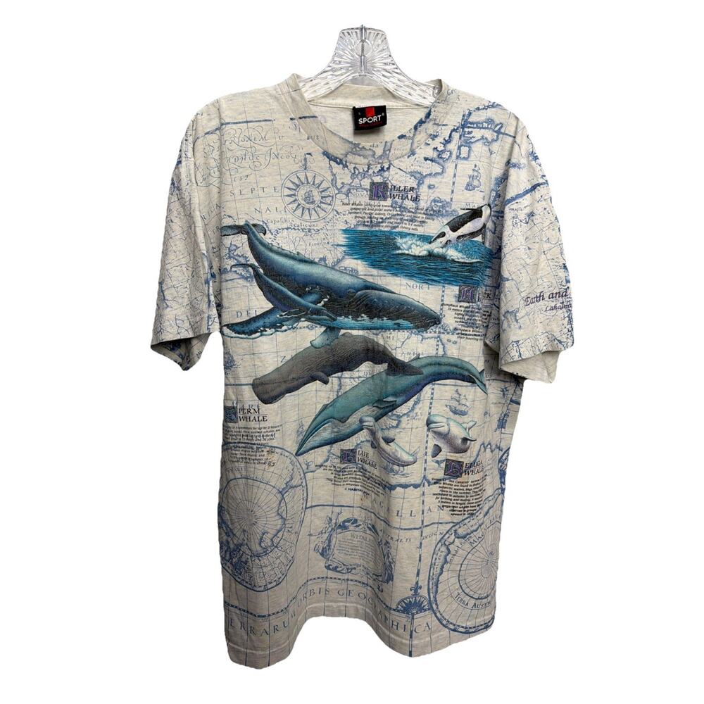 Vintage Rare 1990s AOP Whale World Map Signal Sport Single Stitch T Shirt L